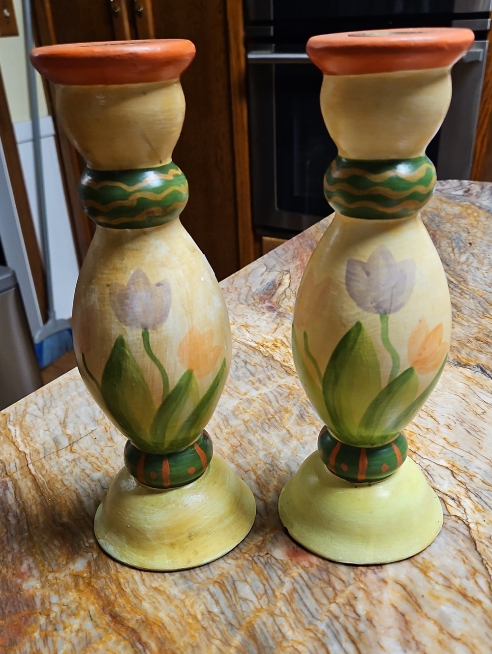 Vintage Pair Of Hand-Painted Floral Ceramic Candlestick Holders